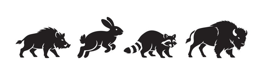 Obraz premium North American Wildlife Silhouette Set – Wild Boar, Rabbit, Raccoon and Bison Black Animal Vector Collection Isolated on White Background, Forest Mammal Icons for Logo, Emblem and Outdoor Design