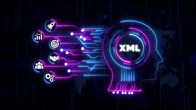 X M L technology concept with human head and representing data exchange and communication coding