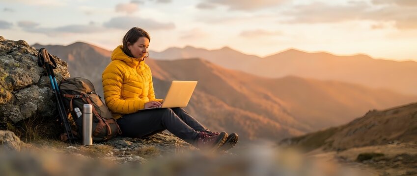 Young woman in yellow jacket working on laptop computer while sitting on mountain peak during golden hour sunset with scenic valley landscape background.