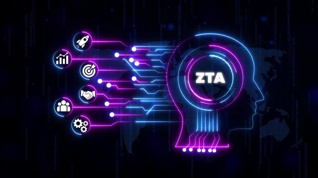 Z T A Concept Neon Glowing Head with and Circuits on Dark Background with Map Technology and Innovation