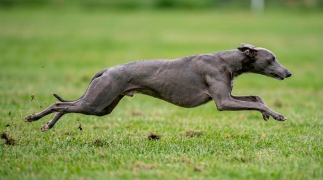 Greyhound dog running at full speed on a grassy field