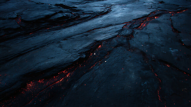 Close-up of dark volcanic rock with glowing red lava veins