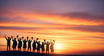 Fototapeta premium Happy graduates celebrate success with arms raised high at sunset.