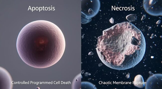 Apoptosis vs Necrosis: Controlled Cell Death vs Chaotic Rupture - 3D Microscopic Comparison Illustration