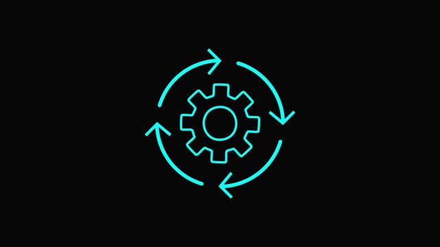 Gear with rotating arrows on black background workflow process optimization symbol technology concept.