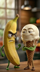 Anthropomorphic food characters in kitchen: angry banana with smug ice cream cone