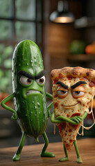 Anthropomorphic food characters in kitchen: angry cucumber with smug pizza slice