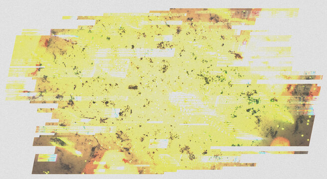 Yellow glitch film texture overlay with dust scratches and digital distortion on light background