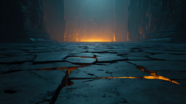 Cracked ground with glowing lava fissures in a dark cavern