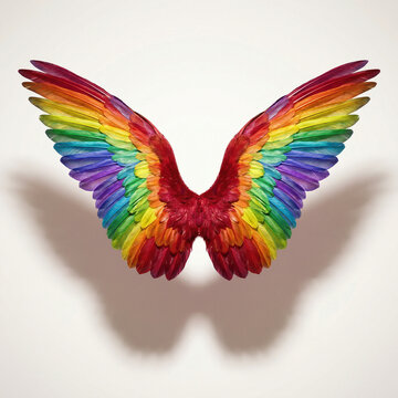 Vibrant pair of rainbow-colored feathered wings spread open, isolated with a shadow on a white background.