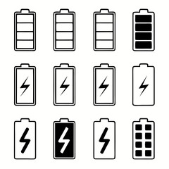 Battery Charge Level Icons: Full to Empty Power Indicators with Lightning Bolt Symbols