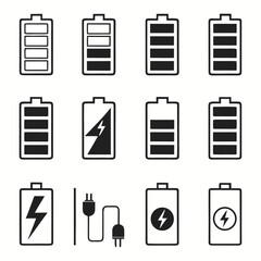 Power Indicator Icons: Battery Levels, Charging Symbols, and Energy Status Graphics