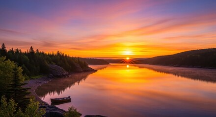 Obraz premium Serene Lake Reflection at Sunset - A Tranquil Landscape Scene.