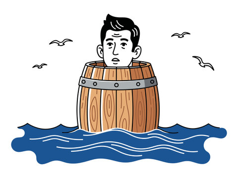 a men with a big head in a wooden wine barrel bobbing in the sea