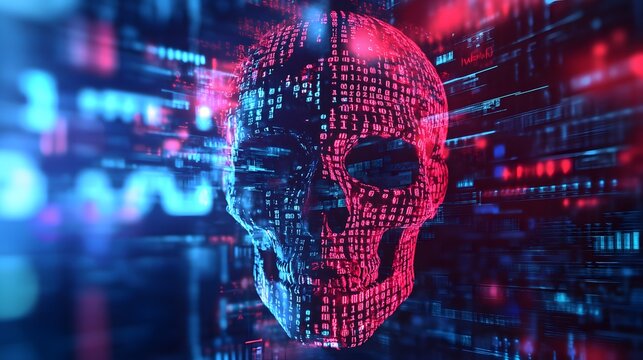 A digital skull composed of binary code, illuminated by vibrant hues of red and blue. This futuristic artwork represents the intersection of technology and life.