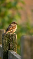 Small brown sparrow perched on weathered wooden fence post with soft blurred natural background in warm golden light for wildlife photography projects.