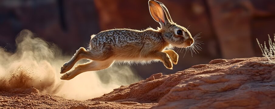 A lively rabbit leaps over the sandy terrain, showcasing its agility and speed in a beautiful natural setting. This image captures the essence of wildlife in motion.