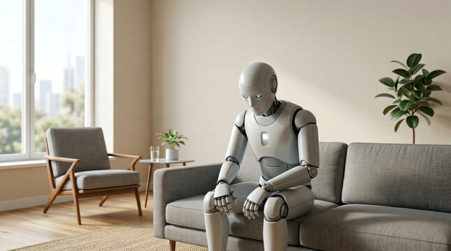 AI Burnout Therapy Session 3D Illustration of Tired Humanoid Robot with Human Therapist in Modern Office Reflecting Artificial Intelligence Stress