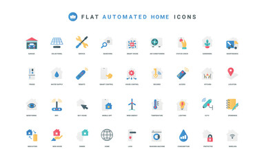 Smart home, access security and remote control of equipment and services color icon set. Temperature and lighting sensors, energy consumption, maintenance and repair flat elements vector illustration