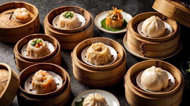 A vibrant overhead shot showcasing an assortment of traditional Chinese dim sum dishes served in classic bamboo steamers.