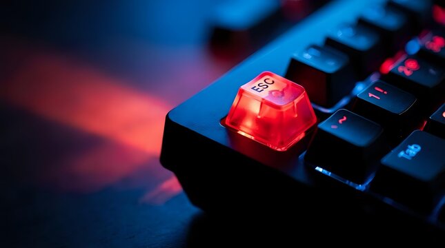 Red translucent escape key on mechanical gaming keyboard with dramatic blue and red lighting effects for technology and gaming concepts.
