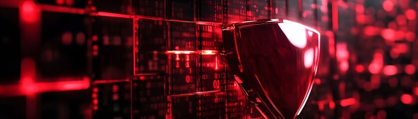 A vibrant digital image representing cybersecurity with a red shield and a background of binary code, illustrating data protection and online security in a modern tech environment.