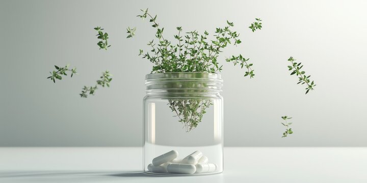 Modern organic healthcare concept showing herbal capsules and medicinal plants in glass containers for premium supplement advertising