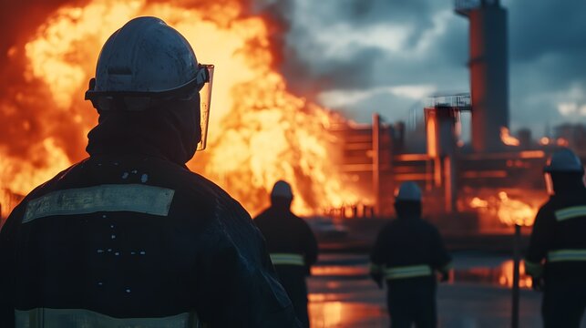 Firefighters respond to a large industrial blaze, demonstrating teamwork and courage in the face of danger and adversity, showcasing the critical role of emergency services in indu