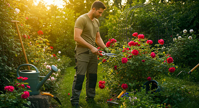 Man pruning roses with electric shears in a lush garden surrounded by vibrant flowers and greenery