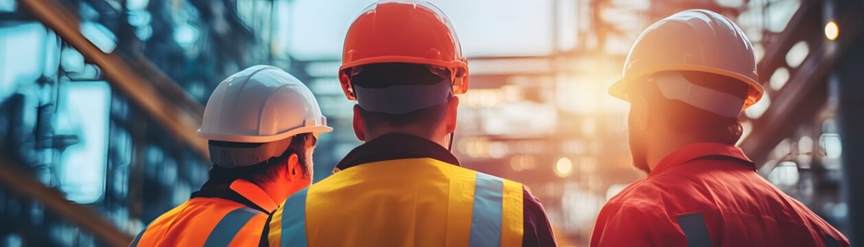 Three construction workers wearing hard hats and reflective vests discuss plans at a construction site, demonstrating teamwork and safety in the building industry.