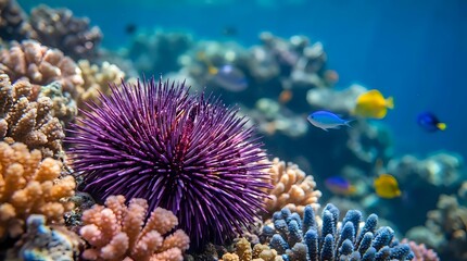 Purple sea urchin on vibrant coral reef with tropical fish swimming in crystal clear blue ocean water. Marine life ecosystem underwater photography.