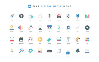 Naklejka premium Digital media and devices of electronic store, mobile app, TV and radio color icon set. Sound recorder and speakers, game console, video and audio production flat elements vector illustration