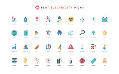 Electricity production, green energy generators, power lines and coal, oil industry color icon set. Solar panel and wind turbine efficiency, battery and smart home flat elements vector illustration