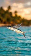 Obraz premium Flying fish leaping from turquoise ocean water with tropical sunset sky and palm trees in blurred background creating dynamic marine wildlife scene.