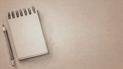 Monochrome sketch featuring a spiral-bound notepad and pencil on a textured surface