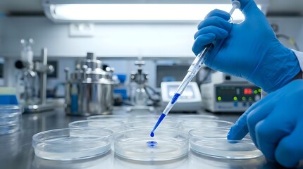 Fototapeta premium Laboratory scientist in blue gloves using pipette to transfer samples into petri dishes for medical research and scientific analysis in modern lab.