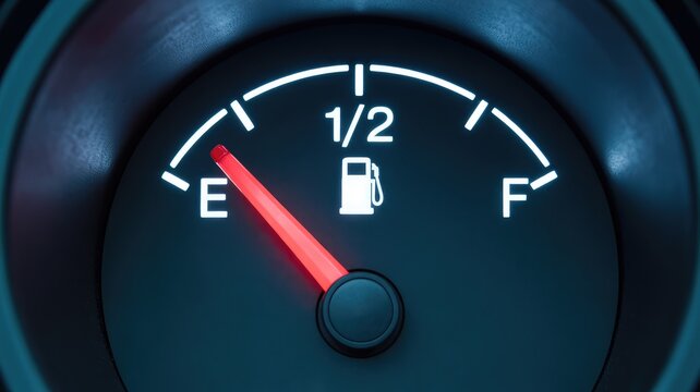 Close up of a car's illuminated fuel gauge showing the needle pointing towards empty indicating a need to refuel quickly