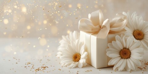 Obraz premium Luxurious beige box tied with satin bow amid swirling cherry blossom petals, ideal illustration for March 8 gifts and holiday greetings.