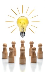 Lightbulb hovers above wooden figures, symbolizing inspiration and leadership in a minimalist setting.