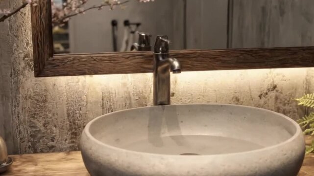 A serene and elegantly designed bathroom vanity area features a sleek, modern metal faucet above a beautifully crafted stone basin. The setting is enhanced by a rustic wooden mirror frame with integra