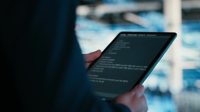 Close up of data center engineer using tablet to write code, compiling software patches to fix bugs. Server farm IT professional using device application to run programming script, camera B