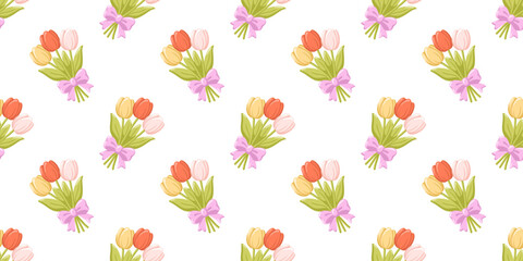 Obraz premium Seamless spring pattern with tulip bouquets tied with ribbon on white background. Vector seasonal print.