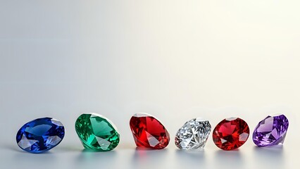 Fototapeta premium Colorful collection of precious gemstones including sapphire, emerald, ruby, diamond and amethyst arranged in elegant row on neutral background.