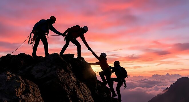 Team of climbers helping each other reach mountain summit at dramatic sunset with pink and orange sky. Teamwork and leadership concept for business.