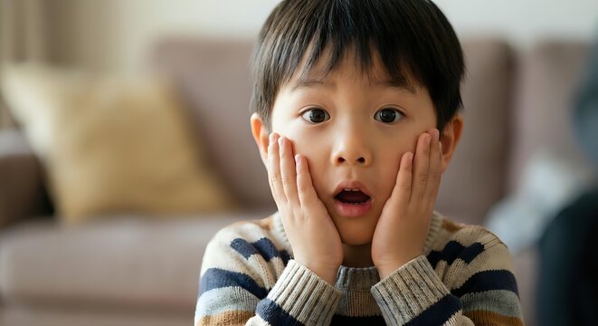 Surprised Asian boy with hands on cheeks showing shocked expression, wearing striped sweater in cozy living room setting for emotional reactions content.