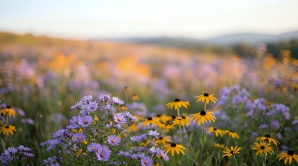 Obraz premium Wildflower meadow with purple asters and yellow black-eyed susans blooming in golden hour light creating dreamy bokeh background for nature photography.