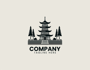 Fototapeta premium Traditional Asian temple building with layered roof is presented as clean monochrome vector logo on white background