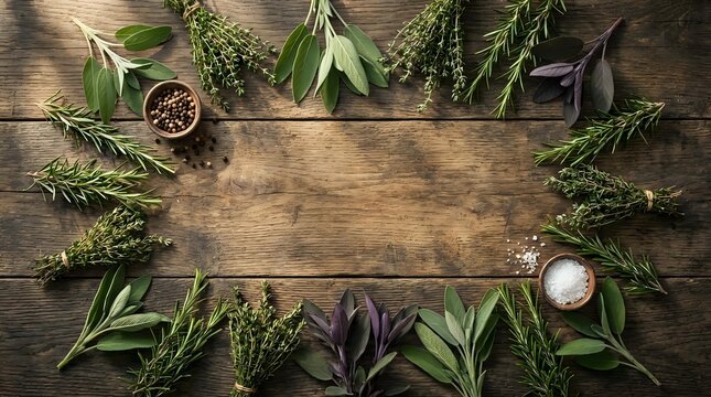Fresh culinary herbs arranged in frame border on rustic wooden background with copy space for cooking and kitchen design projects.