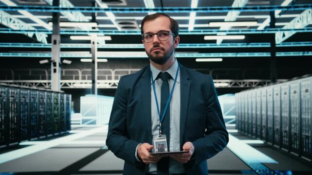 Data center software developer using tablet and augmented reality to install upgraded server racks systems. Employee using automation app on device to monitor server hub, VFX overlay, camera A