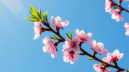 Obraz premium close branch tree pink flowers flowers full bloom five petals yellow center branch brown has few green leaves attached background clear blue sky overall mood peaceful serene